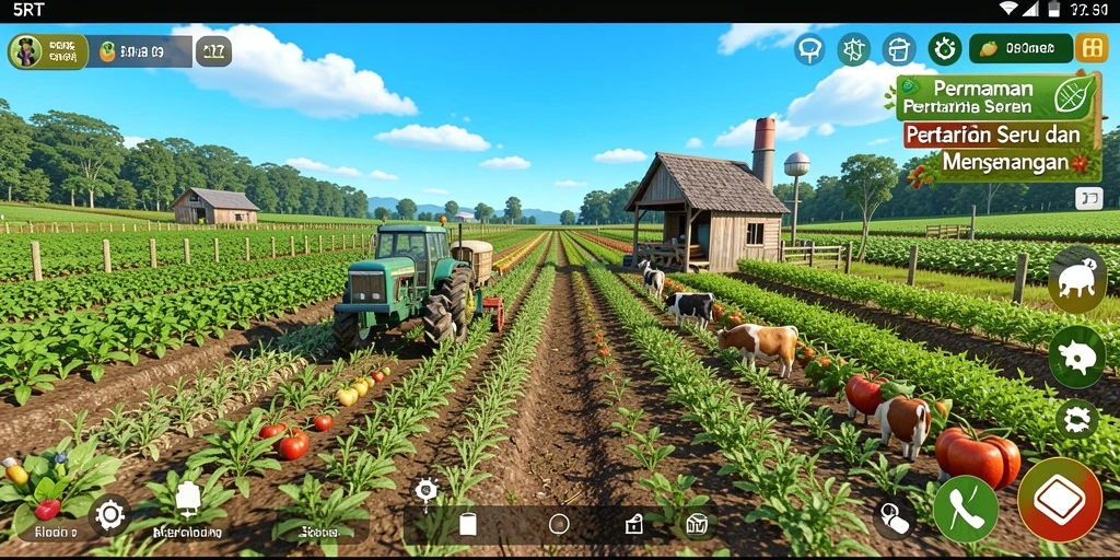 Tampilan gameplay 5RT dengan pertanian yang berkembang dan interaksi sosial.