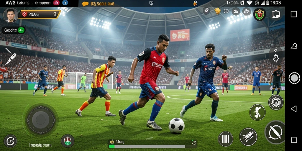 Screenshot AW8 menunjukkan momen menegangkan dalam pertandingan sepak bola.