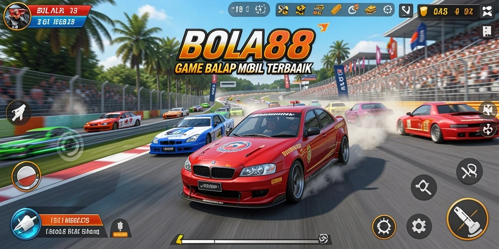 Screenshot gameplay BOLA88 menampilkan balapan mobil yang seru.