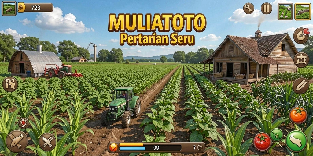 Tampilan gameplay menarik dari MULIATOTO menampilkan pertanian yang berwarna-warni.