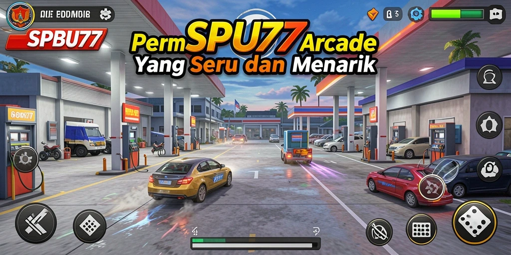 Screenshot utama SPBU77 menampilkan gameplay arcade yang mengasyikkan.
