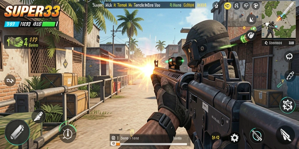 Tangkapan layar gameplay epik dari SUPER33 menampilkan aksi tembak-menembak yang intens.